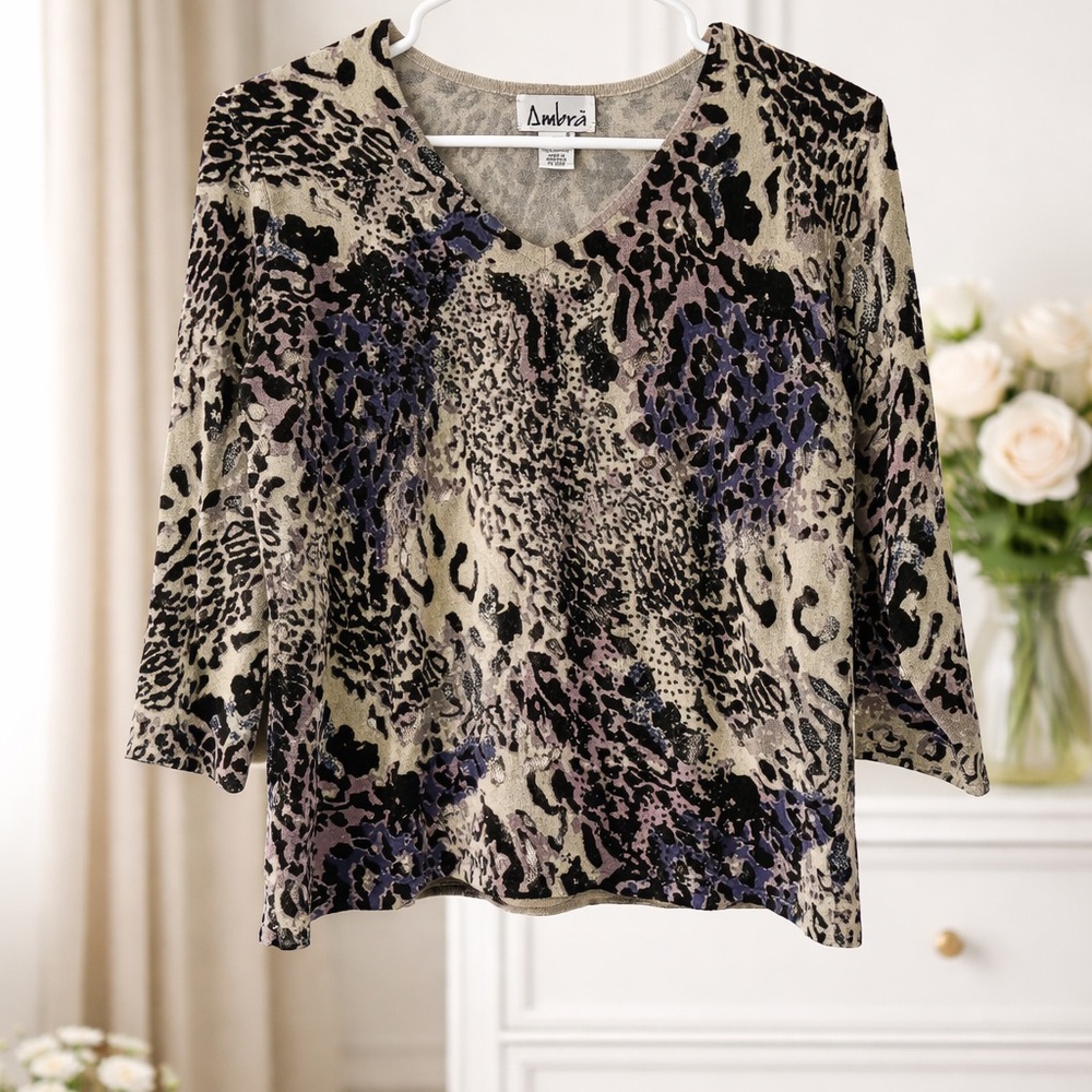 Animal Print Top Y2K Grunge Leopard Neutral Soft Knit Long Sleeve Large - Picture 2 of 7